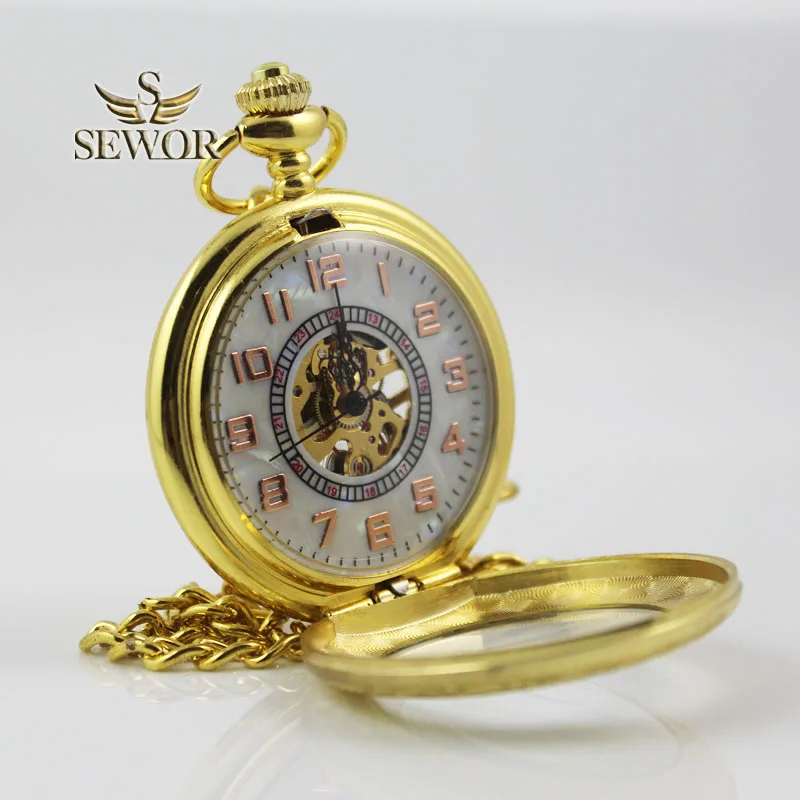SEWOR золото Модные Классические цветочный узор крышка прозрачная поверхность Светоотражающие Цвет Спорт механические карманные часы C225