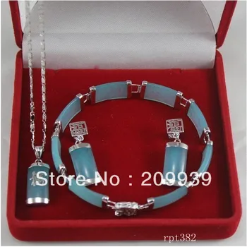 

huij 001935 Fine Blue jade pendant necklace bracelet earrings sets AAA