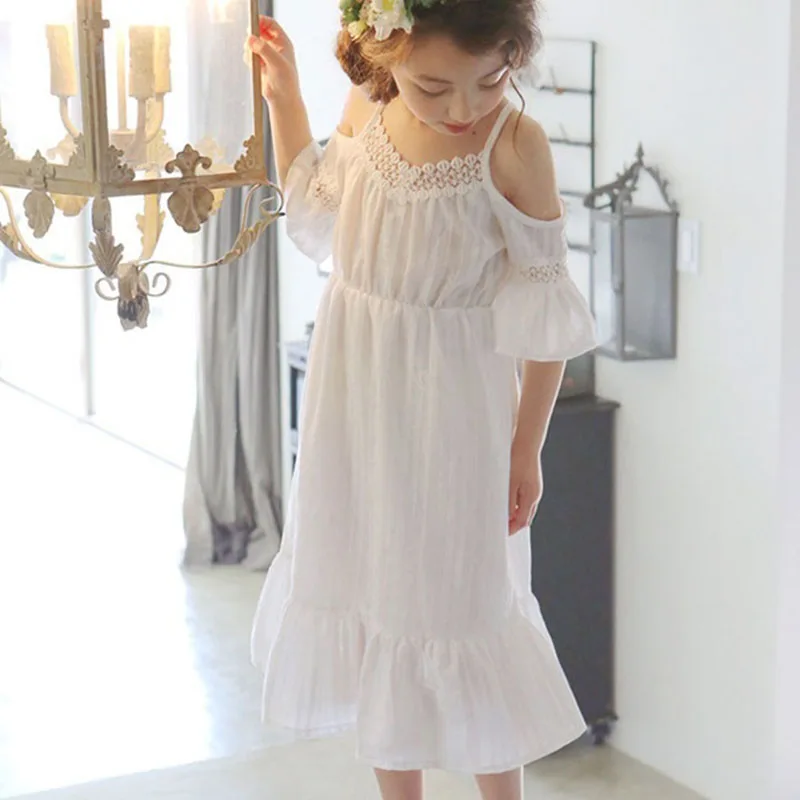 

Princess Lace Pure Cotton Off Shoulder One-piece Lantern Sleeve Summer Dress For Teenage Girls 4 6 8 10 12 14 Years