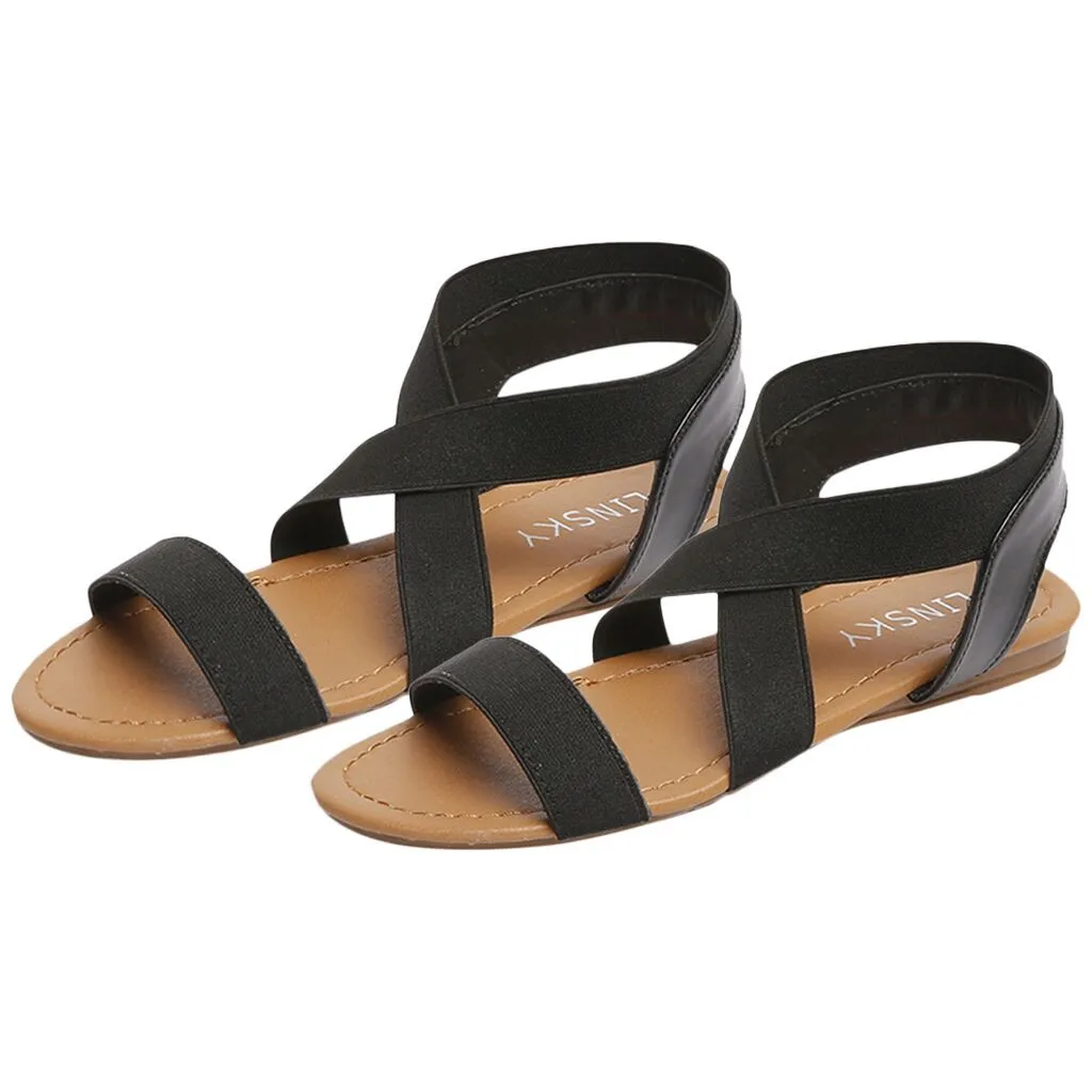 

YOUYEDIAN Summer Flat Sandals Women Beach Cross Strap Casual Women Sandals Solid Rome Round Toe Ladies Sandals Shoes
