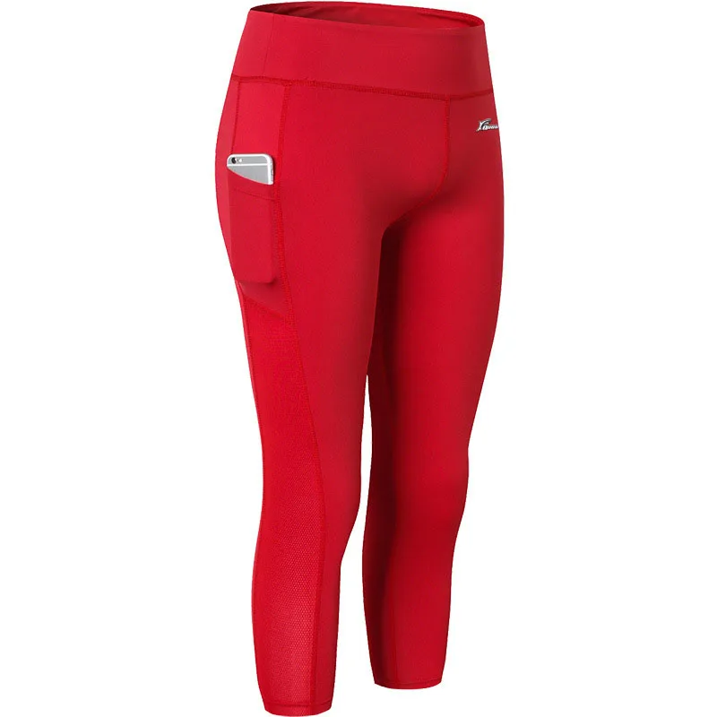 Queshark фитнес женские длинные штаны для йоги Бесшовные Леггинсы Высокая талия тонкие колготки для бега укороченные брюки с боковыми карманами - Цвет: Red