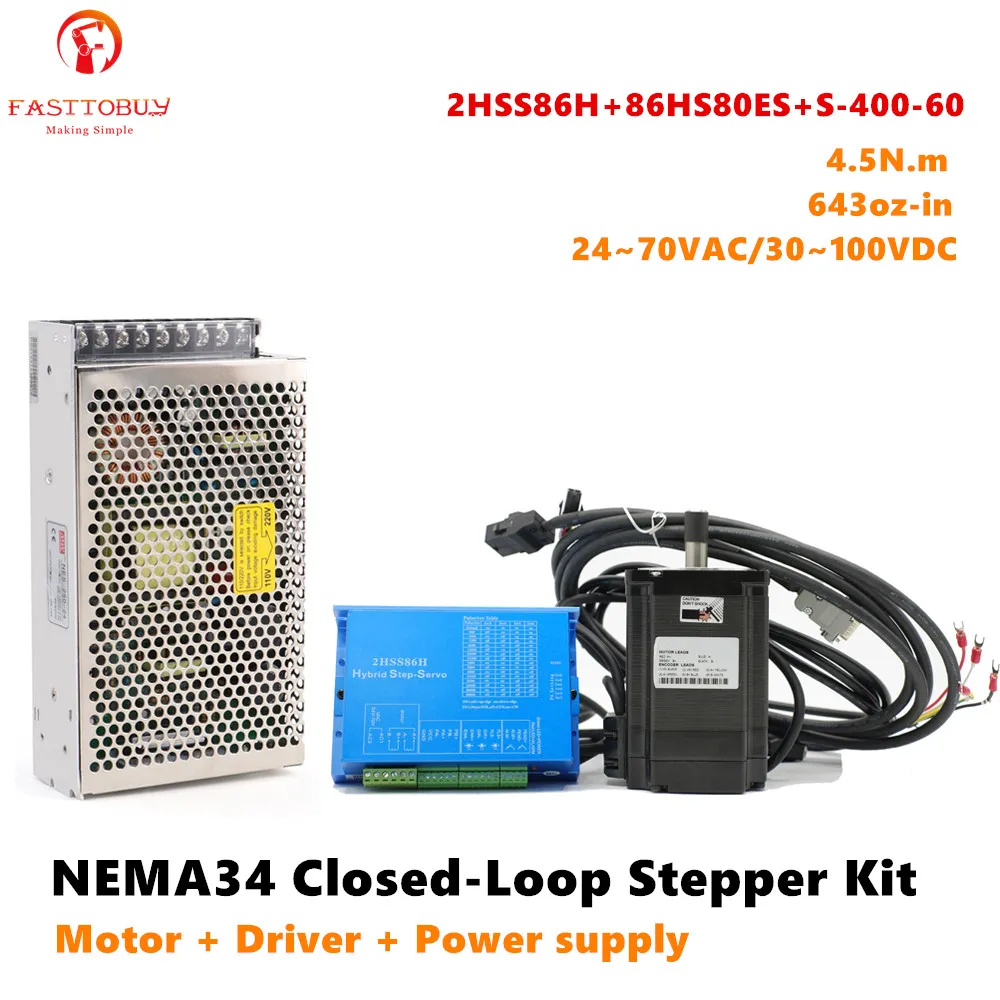 

NEMA34 4.5N.m/ 643oz-in 6A Closed-Loop Stepper Kit Hybrid Step-Servo Driver+Motor+Power supply Kit for CNC Router/Laser Machine