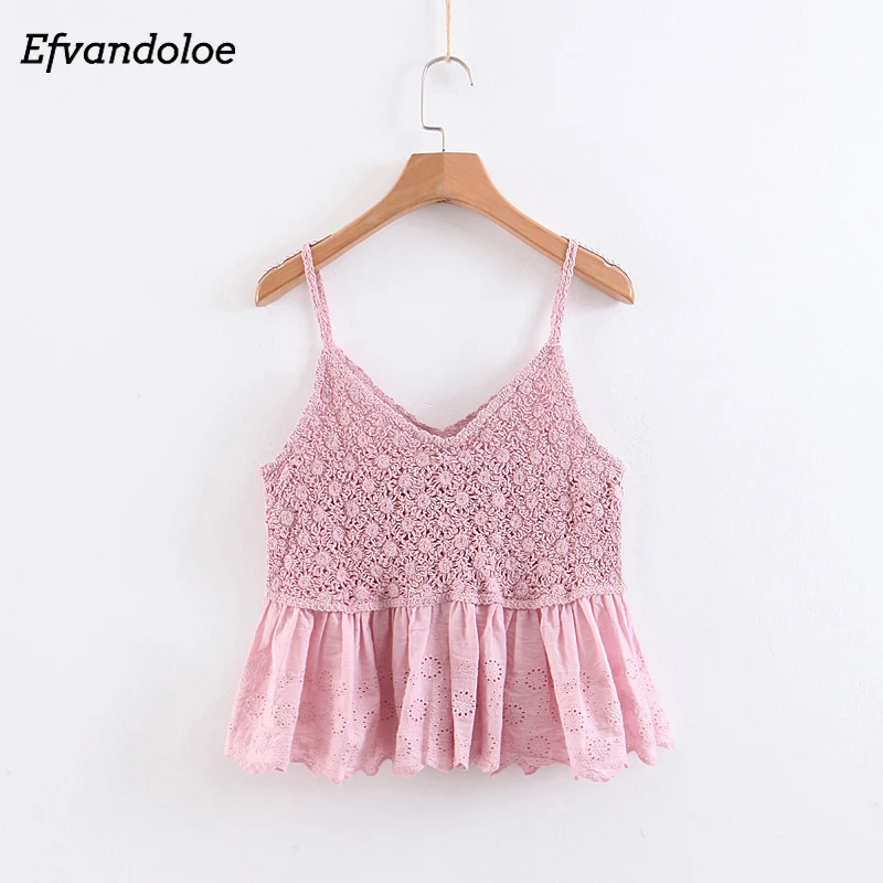 

Efvandoloe Sweet CrochetTop Women summer halter crop tops white with embroidery woman clothes Korean