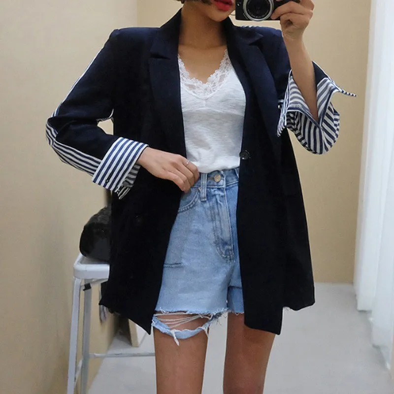 2018 High Quality Women Patchwork Striped Blazer Autumn Notched Collar Office Jacket Lady Double Breasted Elegant Suit 2018 High Quality Women Patchwork Striped Blazer Autumn Notched Collar Office Jacket Lady Double Breasted Elegant Suit