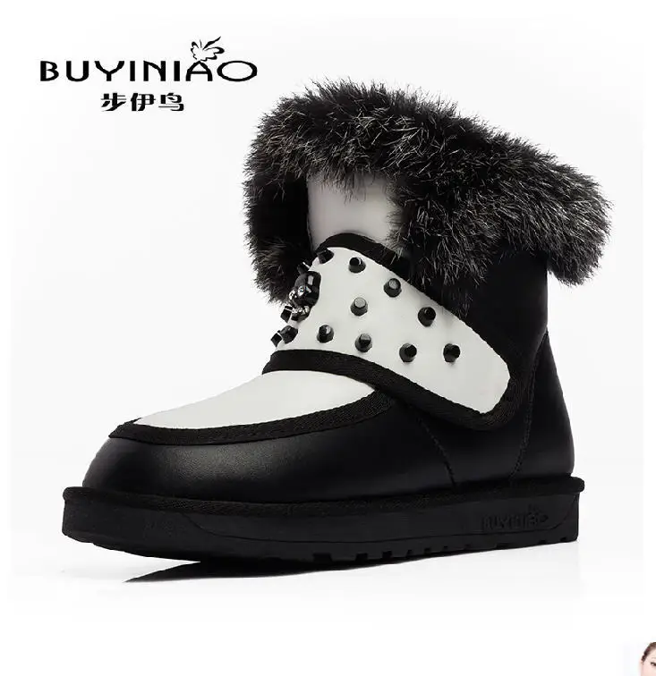 Fashion Rabbit Fur Flat Women Snow Boots Round Toe Winter Skull Women Winter Boots Thickness Female Boot G1163