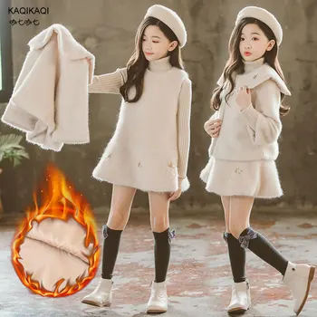 

Kids Clothes Winter Children Sets pineapple Woolen Coat+Dress 2pcs Suits Teens Girl Winter Clothing Faux Fur Coat Pressice Dress