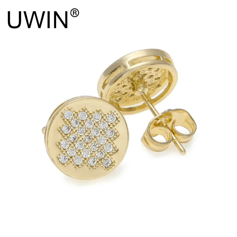UWIN Новые мужские модные круглые блестящие серьги-гвоздики с цирконием и стразами, золотые серьги-гвоздики, ювелирные изделия в стиле хип-хоп