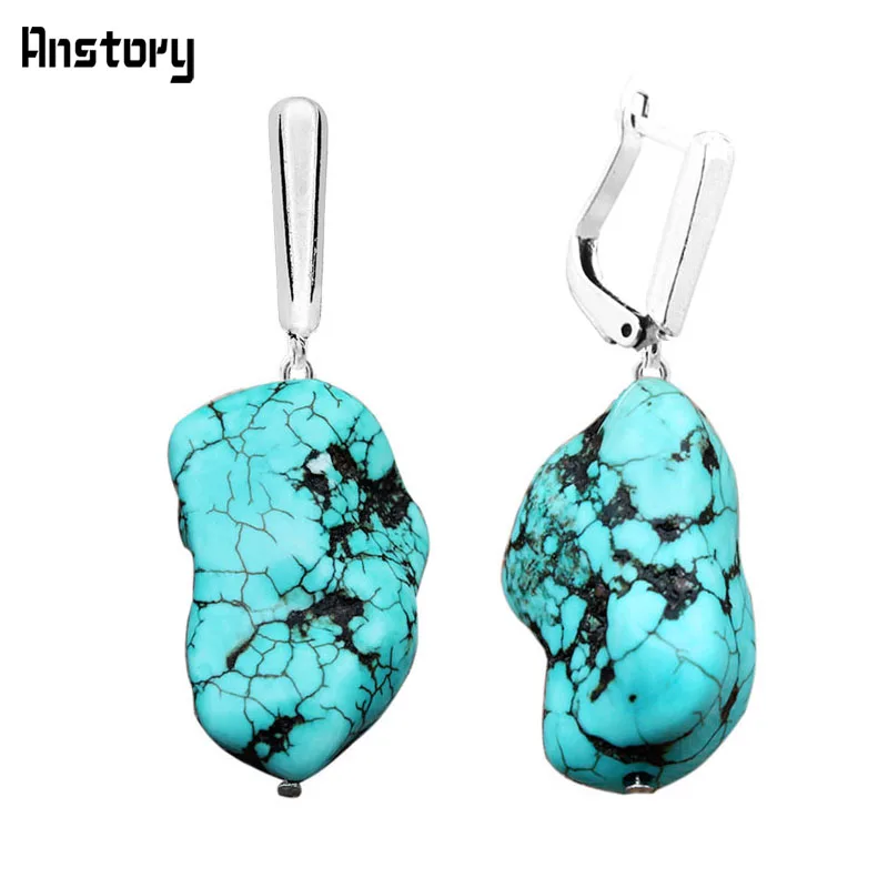 

Irregular Natural Turquoises Pendant Earrings For Women Vintage Antique Silver Plated Fashion Jewelry TE202