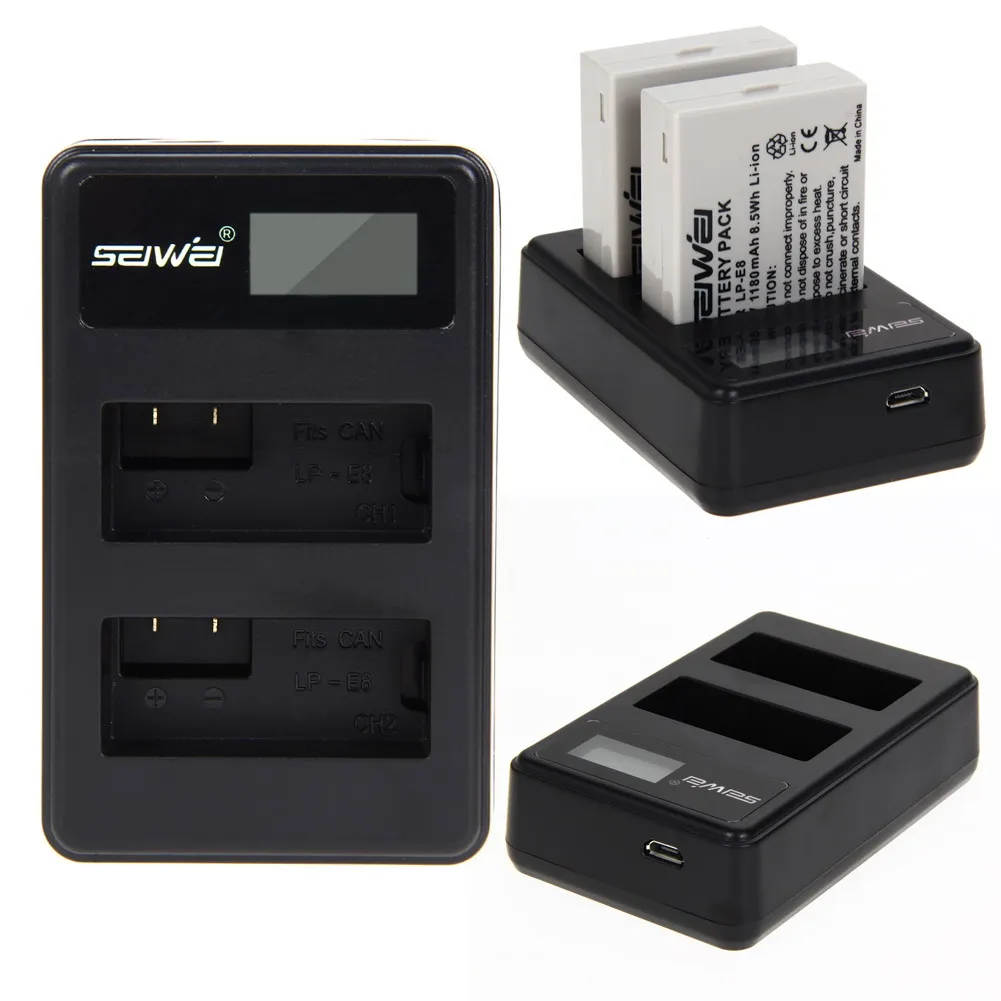 (2 Pieces) Li-ion Battery + Charger LP-E8 LP E8 Rechargeable Camera Battery for Canon 550D 600D 650D 700D #LD456