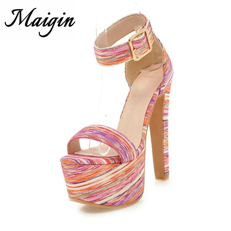 Maigin 16cm High Heels Platform Sandals 2018 Colorful Thin Heel Summer Shoes Open Toe Female Super Star Sandals Women Footwear