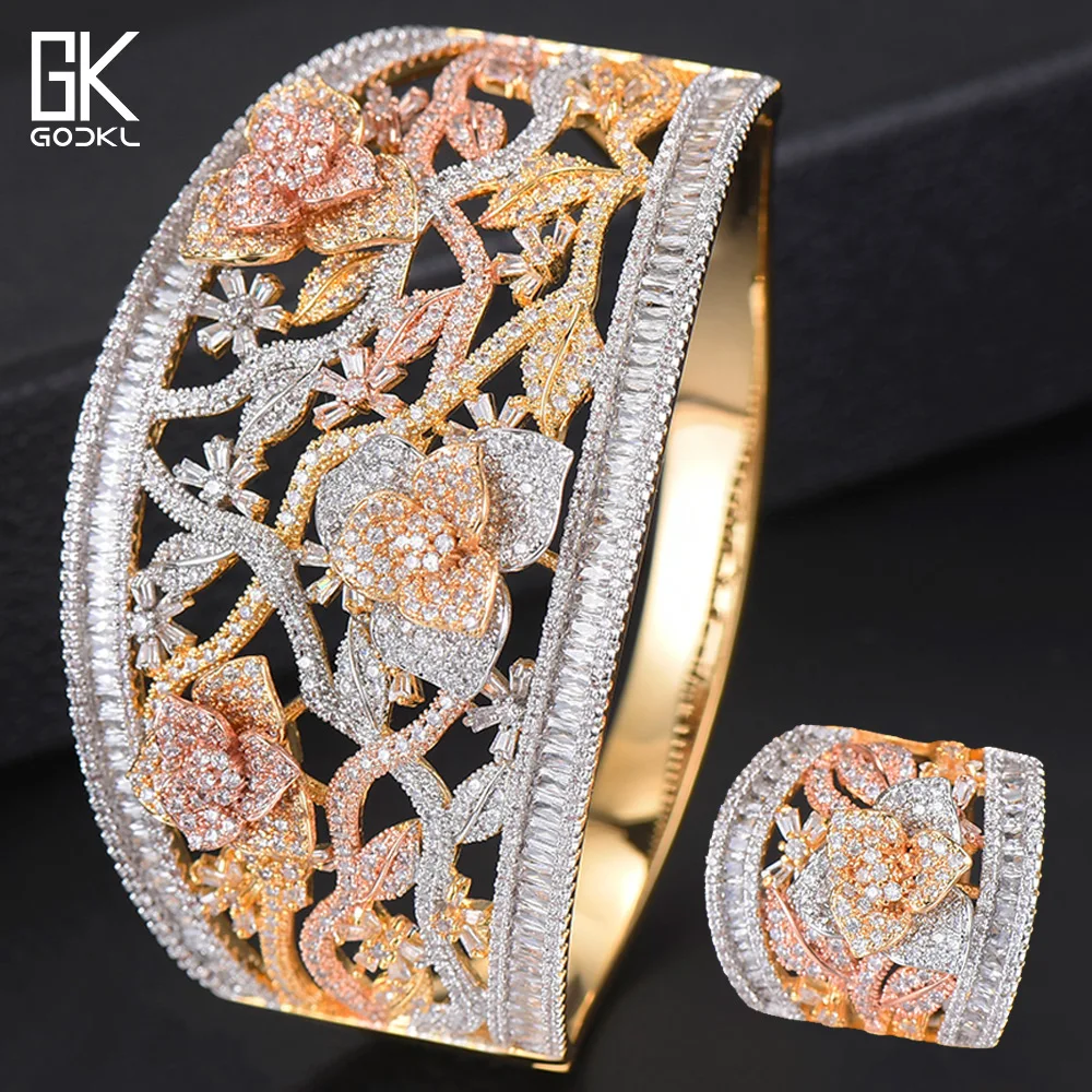 

GODKI Luxury Flower Blossom Bangle Ring Sets Cubic Zircon Crystal CZ Top jewelry Sets for women Wedding Dubai Bridal Jewelry Set
