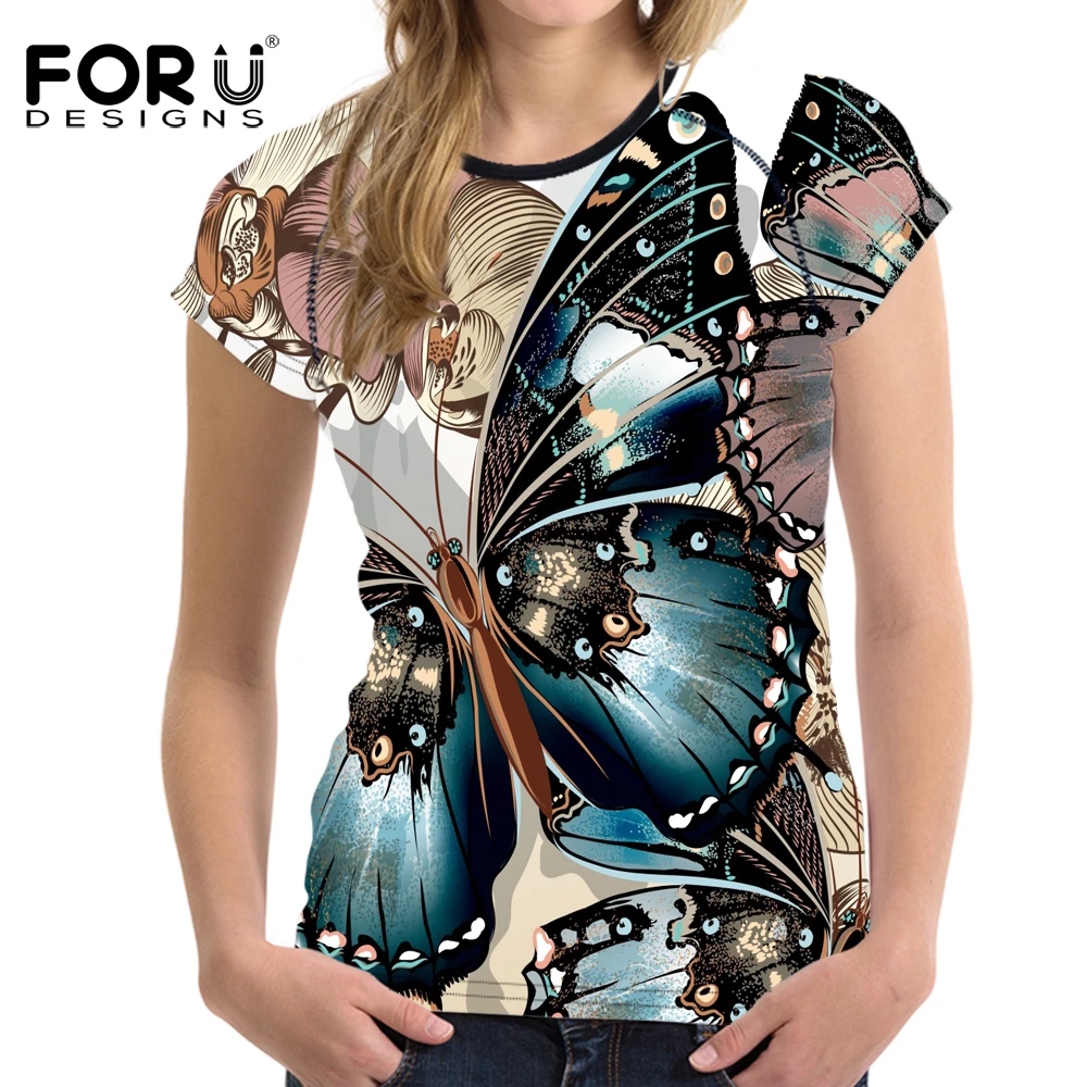 FORUDESIGNS Novelty Butterfly Printed Women Short Sleeved T Shirt Female Ladies Soft Comfort Top Tees Fashion