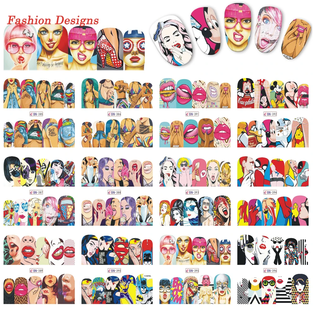 12 видов конструкций/наборы, женские смешанные украшения для ногтей, новая мода, сделай сам, полный штамп, наклейки для ногтей, наклейки, водяные метки, советы TRBN385-396