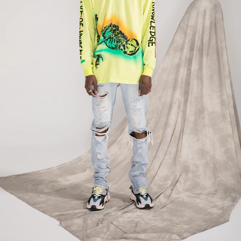 Новая Европа и Америка high street kanye тонкий ноги светлые цвета джинсы мужские брюки молния колено Большой отверстие брюки прилив