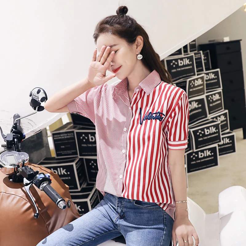 

2019 New Spring Summer Preppy Style Women Shirts Loose Striped Short Sleeve Port Flavor Blouse Shirt Red Blue 1553