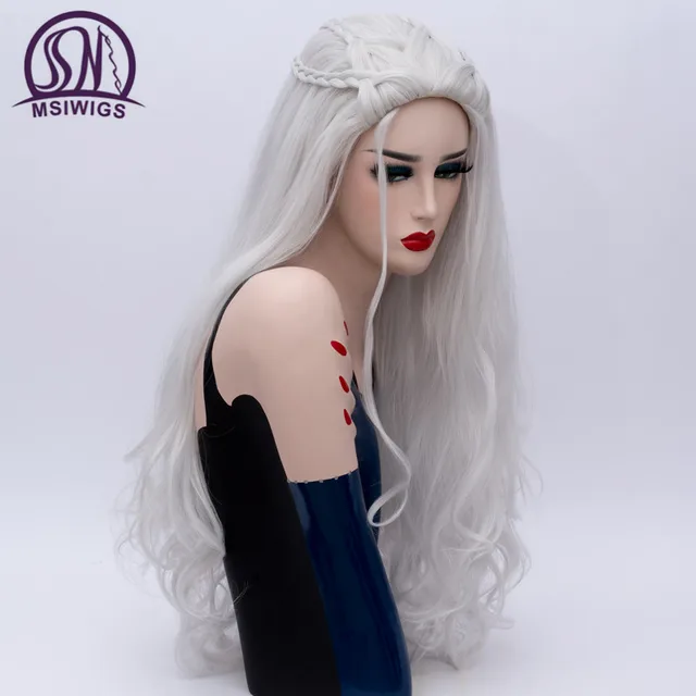 MSIWIGS 2 Colors Long Silver White Curly Wigs Cosplay Synthetic Blonde Braided Wig for Women Natural Braid Hair Heat Resistant