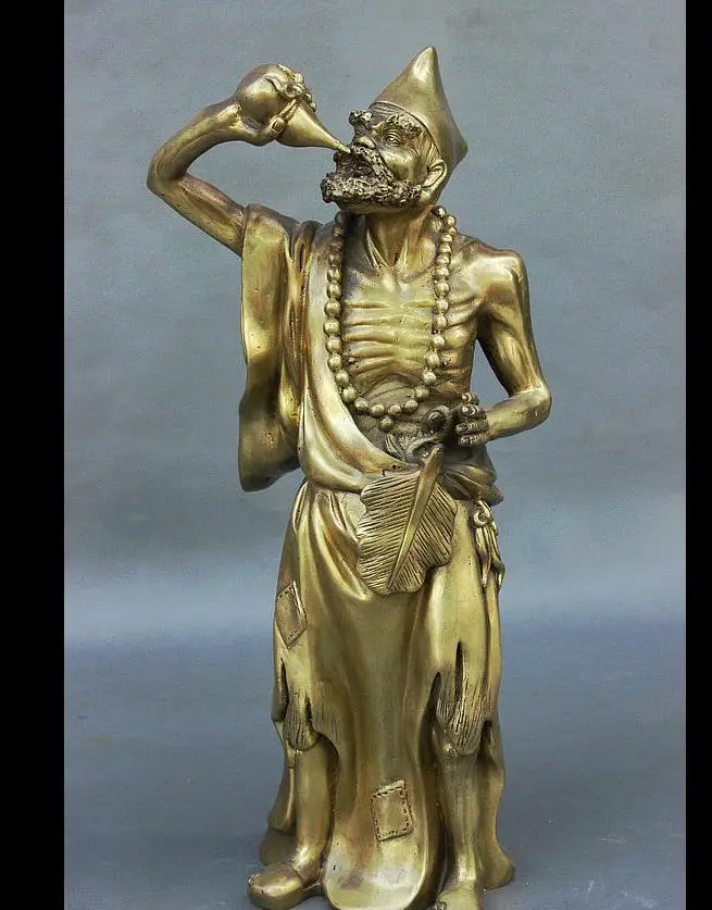 

wang671115710++13" China Buddhism Pure Brass Monk JiGong Chai Gong Buddha Arhat Drinking Statue