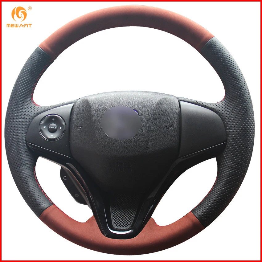 MEWANT Black Genuine Leather Brownness Suede Steering Wheel Cover for Honda New Fit City Jazz