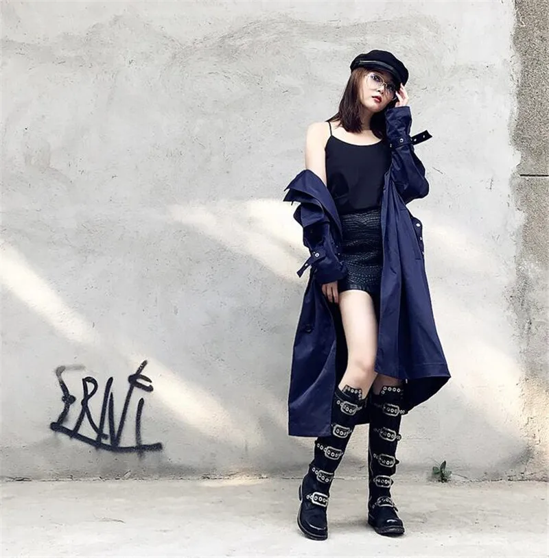 Perfect Jady Rose Punk Style Black Women Knee High Boots Genuine Leather Belt Straps High Boots Female Platform Rubber Flat Riding Boot 9