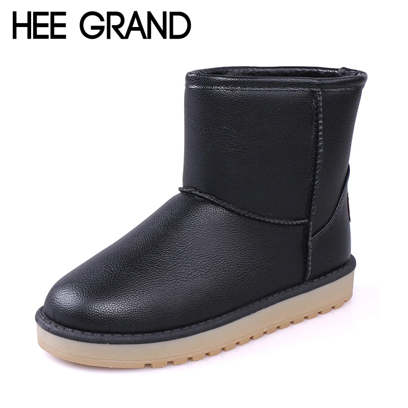 HEE GRAND PU Leather Waterproof Women Boots Solid Ankle Boots Warm Winter Snow Boots Slip On Flat Shoes Woman Size 35-40 XWX3047