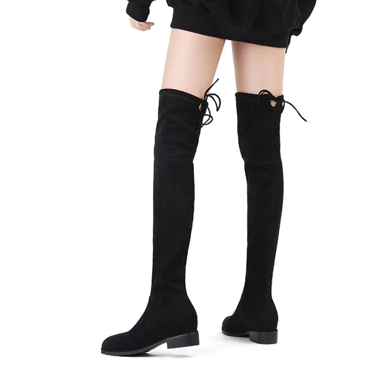 Women Winter Boots Stretch Slim Over Knee Boots With Plush Black Thigh High Shoes Woman Round Toe Winter Black