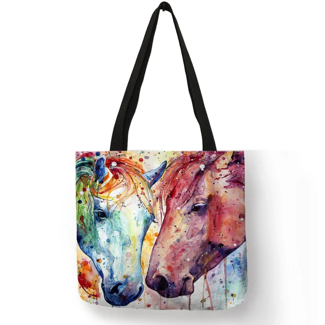 Us 5 19 48 Off Exclusive Watercolor Horse Print Linen Ping Bag Folding Reusable Traveling School Bags Casual Handbags For Women In Top Handle