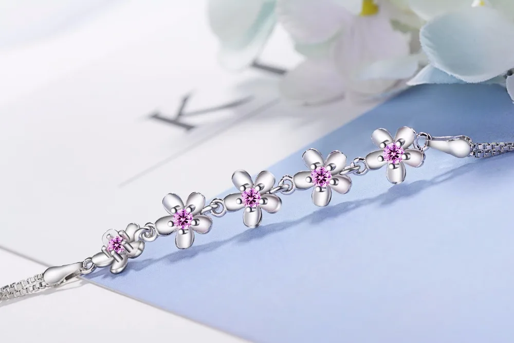 럭셔리  팔찌 보라색 지르코니아 매화 꽃 팔찌 & Bangles 여성용 Pulseira De Prata S-b51
