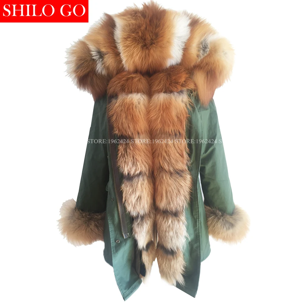 

New winter army green jacket women outwear thick parkas natural real red fox fur collar real rabbit coat hooded pelliccia 3XL