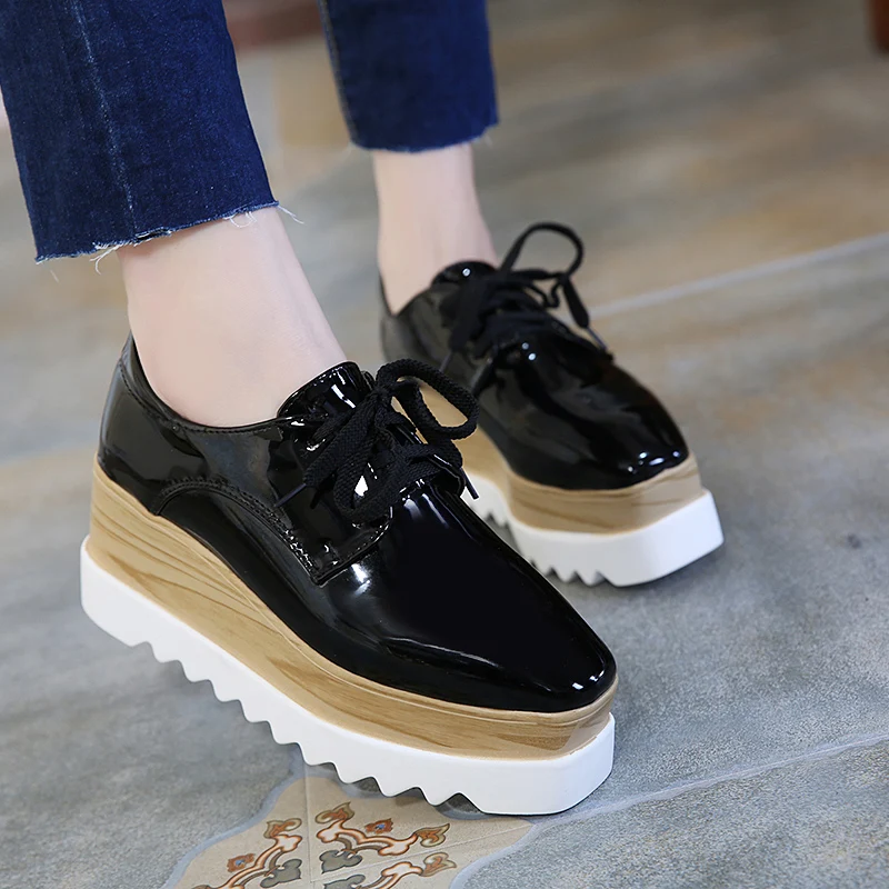 Brand Black Mirror Platform Shoes Woman Lace Up Square Toe Oxford Shoes Women Sneakers Platform