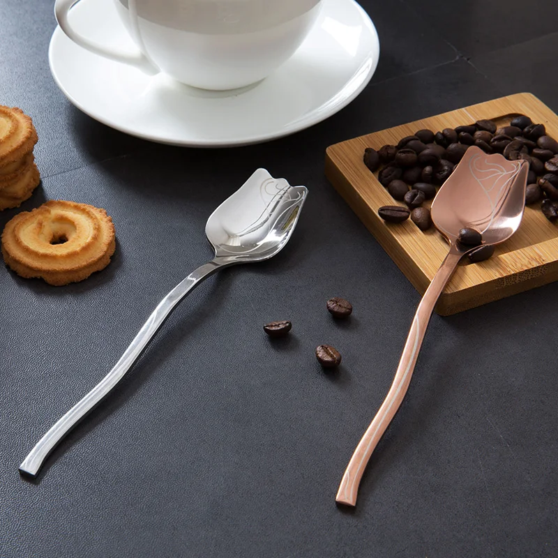 1pc Beautiful Stainless Steel Rose Spoon Long Handle Coffee Stir Spoon
