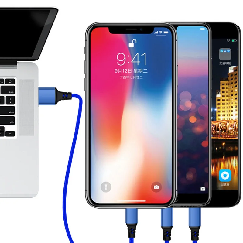 Cabo do Carregador 3in1 para o Iphone Usb tipo c para Huawei Cabo de Fio de 1.2m de Comprimento Logotipo Personalizado 8 Plus x xr xs Max Micro Android 3in1 5 6 7 7 LOGOTIPO personalizado Cabo do Carregador 3in1 Para