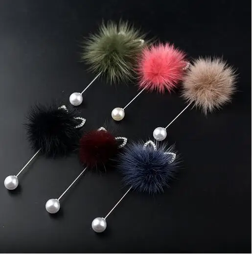 

New Fashion Mink Fur Rhinestone Crystal Bow Boutonniere Lapel Pin Brooches Pearl Hat Sweater Pin broche Jewelry Gift for Women