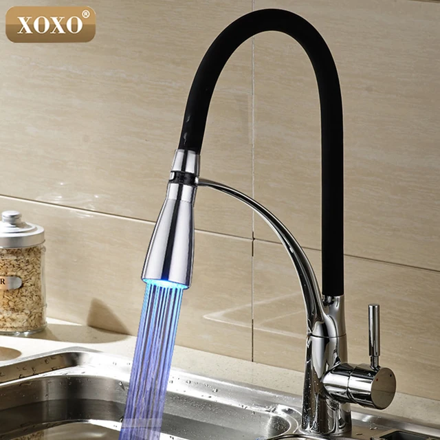 Best Offers XOXO LED Kitchen Faucet with Rubber design chrome Mixer Tap for Sinks Single Handle Pull out Deck Mounted Hot and Cold 83013    