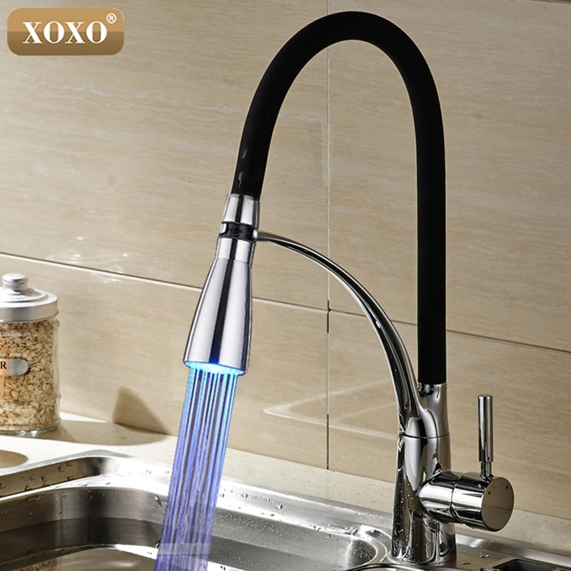  XOXO LED Kitchen Faucet with Rubber design chrome Mixer Tap for Sinks Single Handle Pull out Deck M - 32744811119