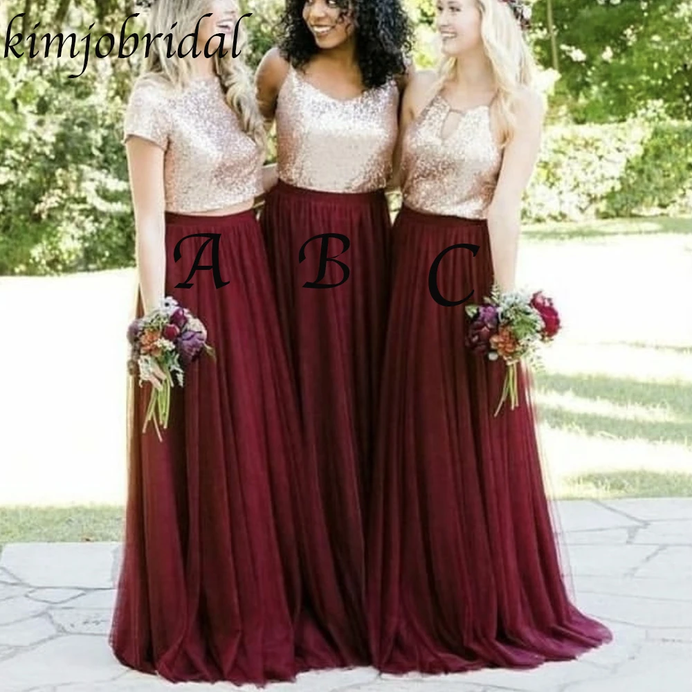 gold and wine bridesmaid dresses