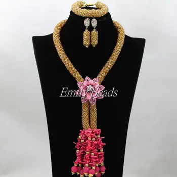 

2016 Handmade Chunky Champagne Gold/Fuchsia Nigerian African Beaded Jewelry Set Wedding Necklace Set Free Shipping ALJ227