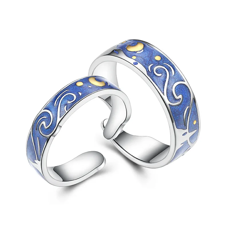 Qevila Jewelry Rings Genuine 925 Silver Van Gogh's Glitter Sky Gold Moon Star Enamel Canvas Finger Ring Romantic for Women Lover (7)