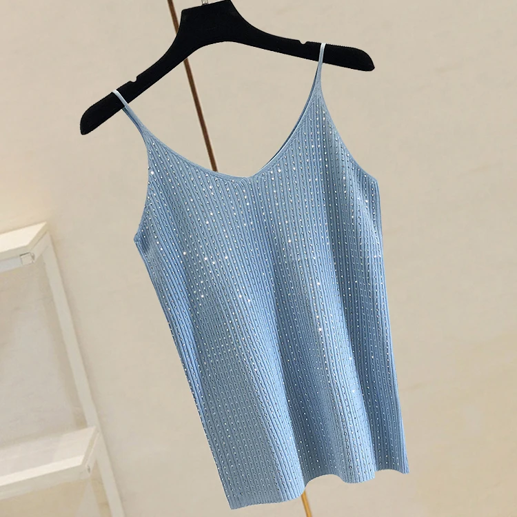 Summer wear sweater, sleeveless sexy base v neck ice silk hot drilling camisole