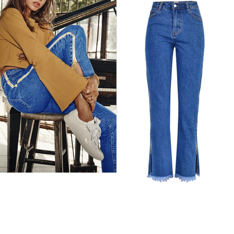 Модные джинсы с боковой молнией для женщин, большие размеры, Джинсы бойфренда с высокой талией для женщин, повседневные джинсы Bootcut