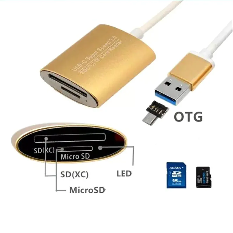 Type-C Port Phone Camera CF SD TF Memory Card High Speed USB 3.0 Aluminum Alloy Case Card Reader Silver