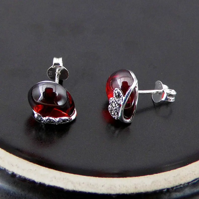 

925 Silver Heart Earring Natural Yellow Stone S925 Sterling Silver boucle d'oreille Stud Earrings for Women Red Cubic Zircon