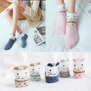 

5 Pair/set Summer Low Cut Short Socks Women Cotton Printed Ankle Socks Girls Cute Stereoscopic Animal Ear Boat Socks FUNCILAC