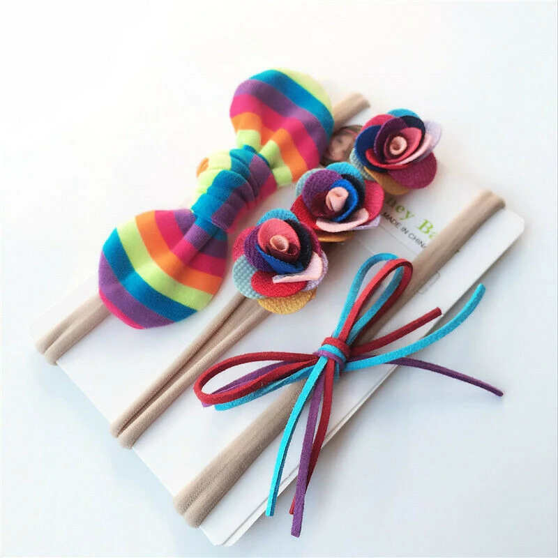 

3pcs/lot 3 colors Handmade Newborn kids Floral Bow Nylon Headbands Soft Nylon Headwear Nylon Elastic Head band Hair Band