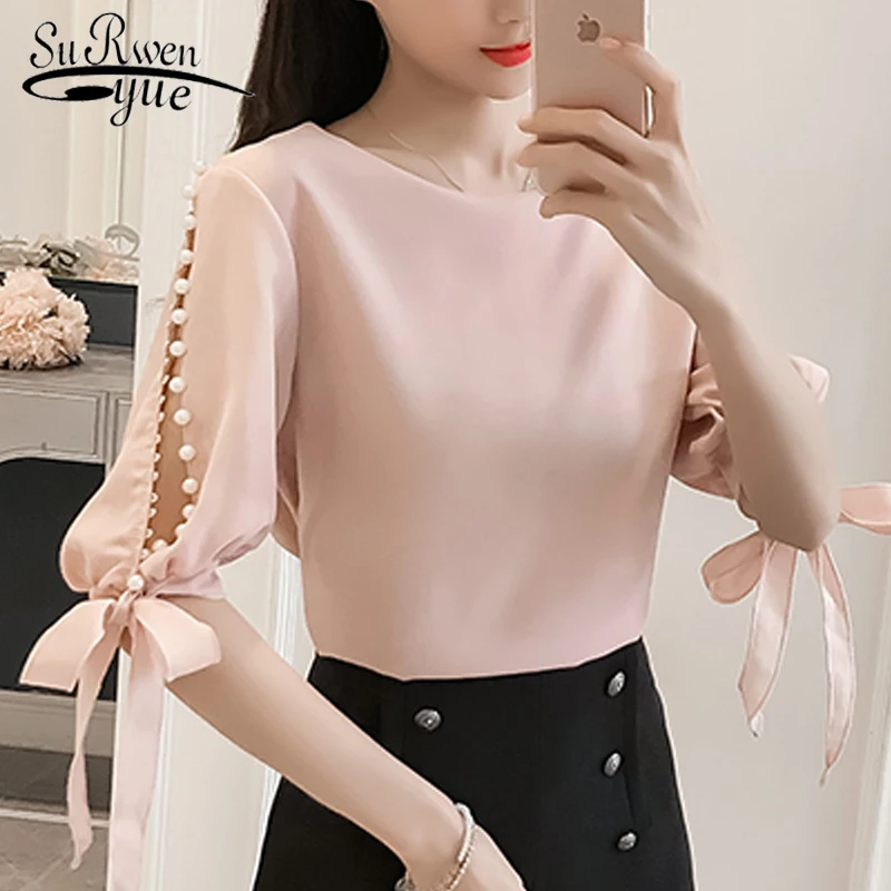 

Summer ladies tops chiffon Women Blouse Shirt Fashion woman blouses 2018 Pink beading feminine blouses Blusas femininas 0359 40