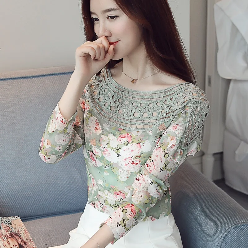 New Women Printed Lace Blouse Chiffon Shirts |