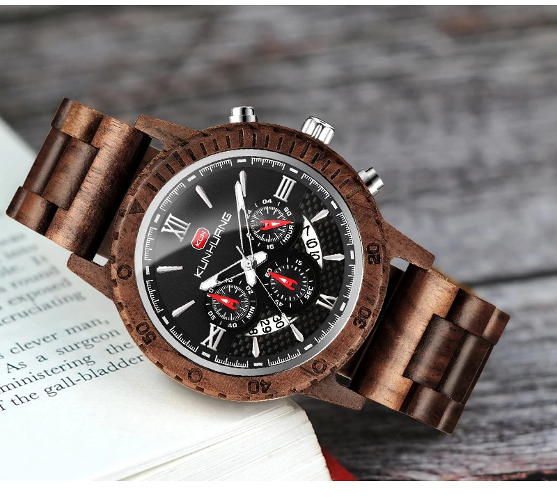 Fashion Wooden Men Watch Natural Zebra Wood Wristwatch with Date and Multiple Time Zone reloj hombre Men's Gift Watches W-K01