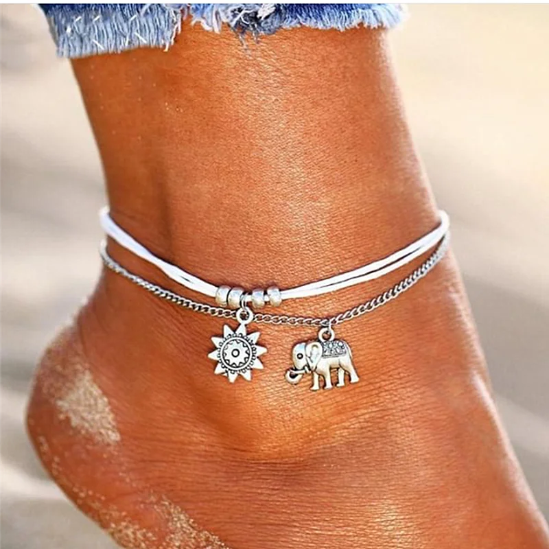 

New Retro Exaggerated Multilayer Anklets for Women Animal Elephant Sun Pendant Boho Barefoot Sndals Rope Ankle Bracelet Hot Sale