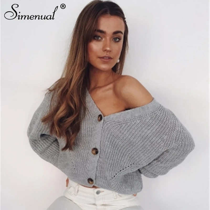 Skup Simenual Casual Fashion kardigany z dzianiny sweter damski jednolity, w stylu basic jesienne zimowe swetry 2019 długi guzik na rękawie V Neck sweter