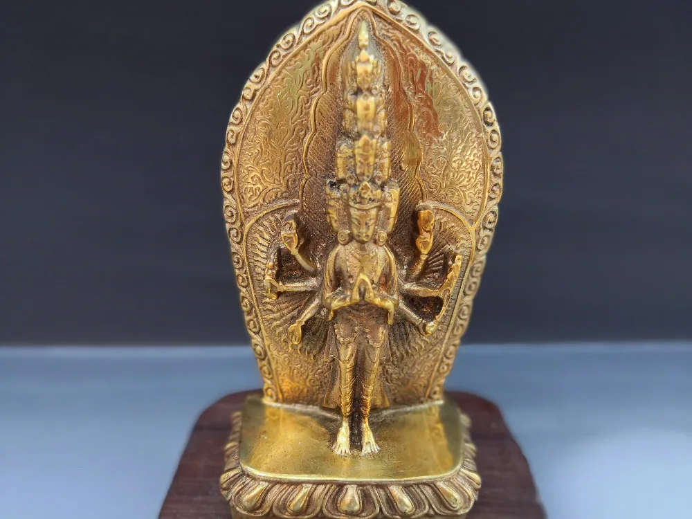 Тибетская позолоченная бронзовая посуда статуя Будды с 1000 рук Avalokiteshvara|Статуи и