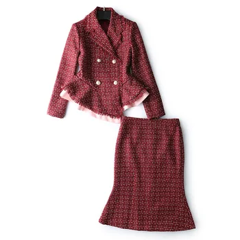 

Top Quality Runway Suit Women 2019 Spring Designer Long Sleeve Tassel Plaid Tweed Woolen Jacket+Trumpet Skirt Set 2Piece Outfits